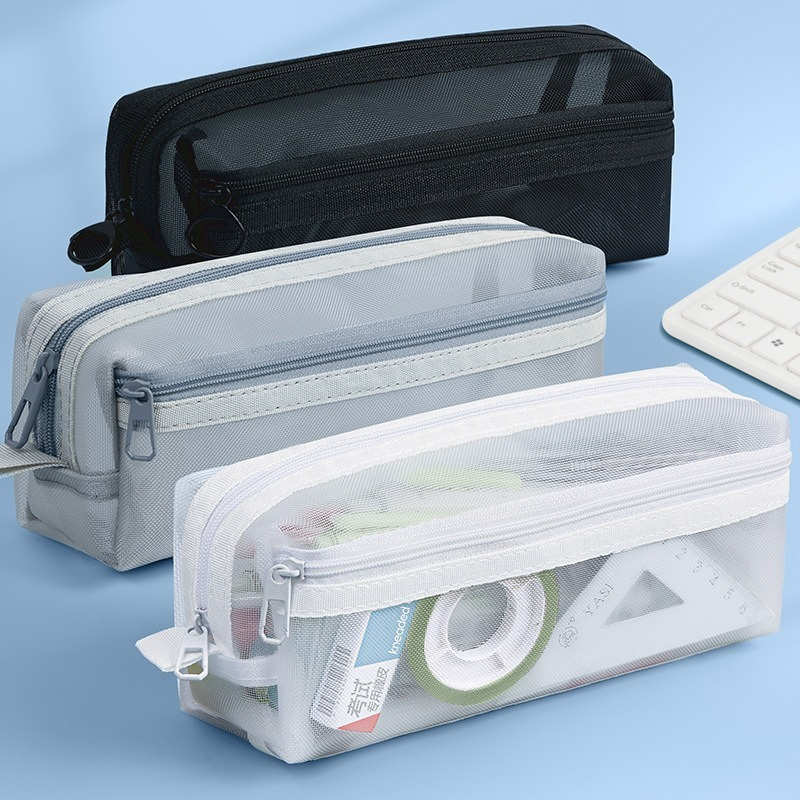 Clear Mesh Pencil Pouch For Exam - حقيبة أقلام شبكية شفافة مزدوجة الطبقات،